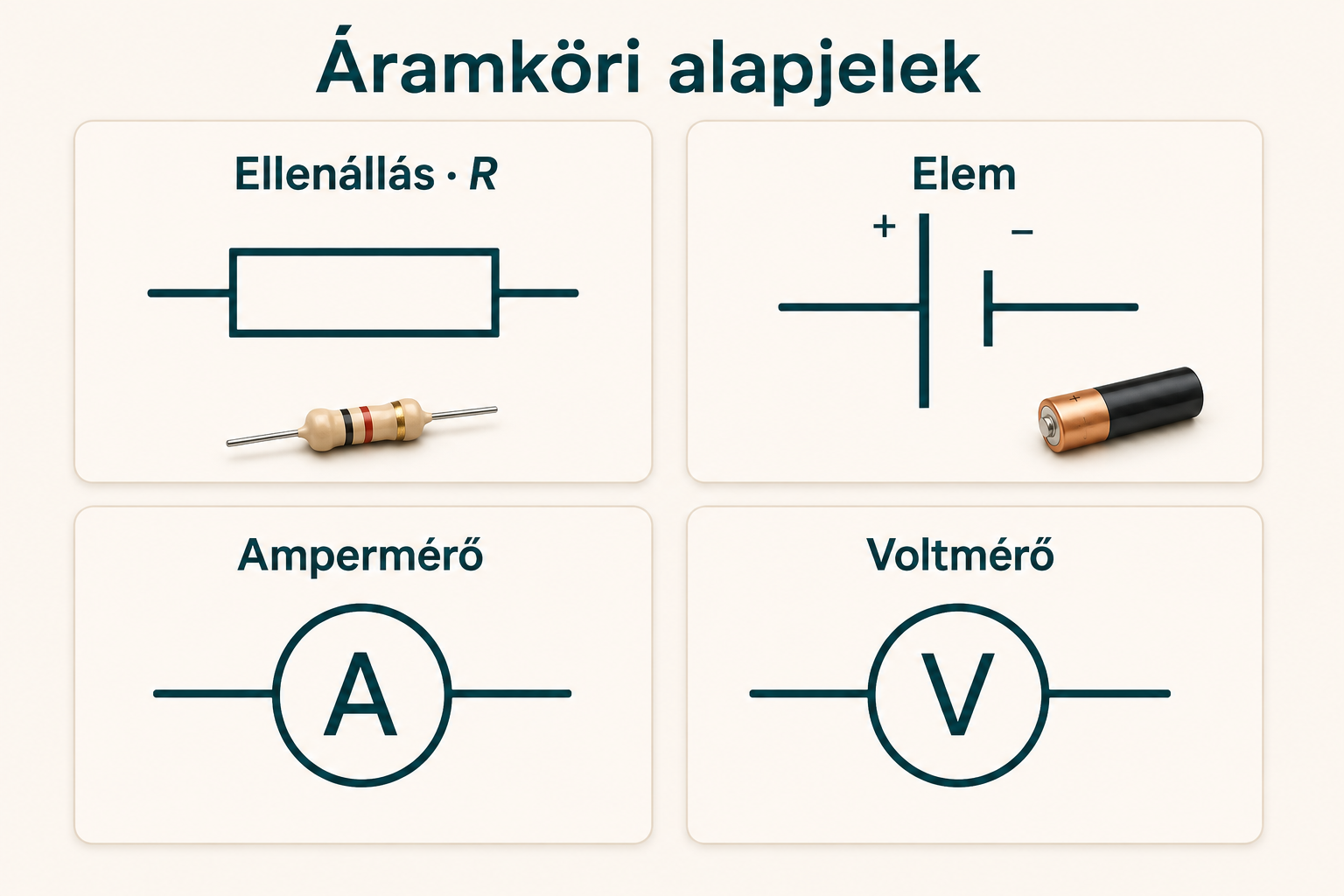 Négy külön kártyán az ellenállás téglalapos rajzjele, az elem eltérő hosszúságú pozitív és negatív lemeze, valamint a körbe írt A és V mérőműszerjel.